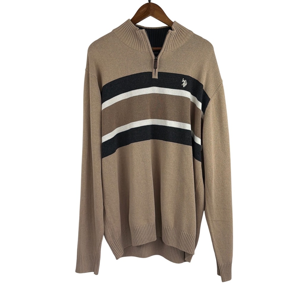 US Polo Assn Mens Camel Heather Striped Quarter Zip Sweater XXL BRUF5S5507 NEW - Picture 2 of 12
